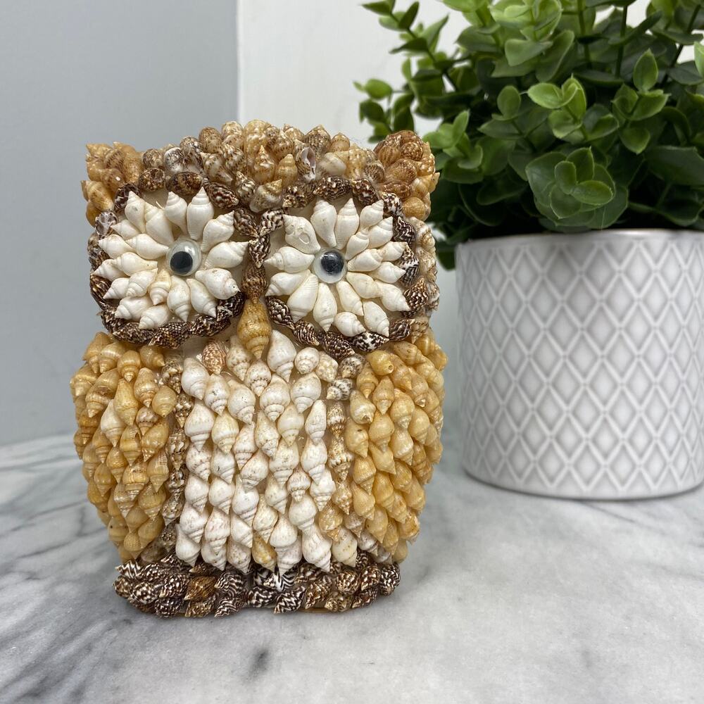 Vintage Sea Shell Owl Handcrafted Statue Figure Kitschy Decor